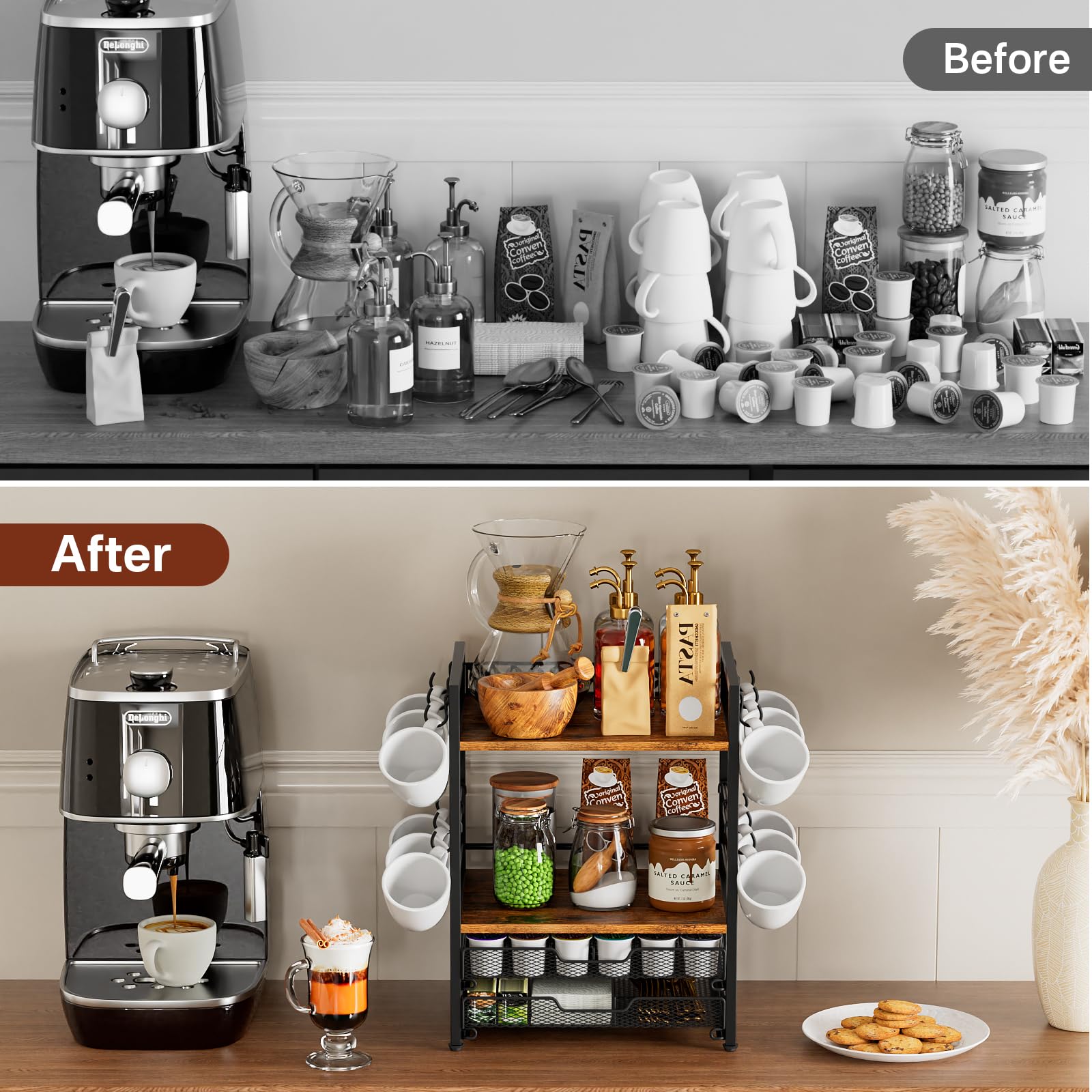 4-Tier Coffee Bar Organizer with 12 Hooks & 30 K-Cup Pod Drawer - Multifunctional Kitchen Countertop Shelf for Mugs, Accessories | Perfect for Home, Office & Coffee Station Organization