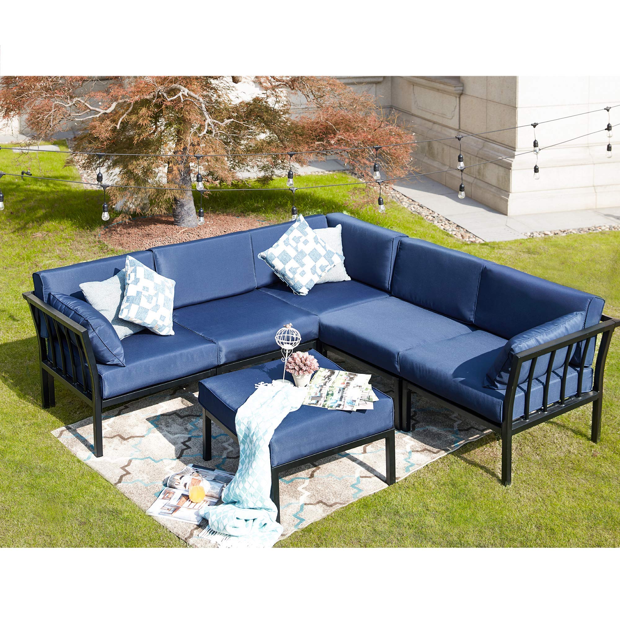 LOKATSE HOME 2-Piece Outdoor Patio Furniture Set - Blue Waterproof Wicker Conversation Chairs with Corner Sofa & Armless Loveseat | Perfect for Backyard, Poolside & Garden Relaxation