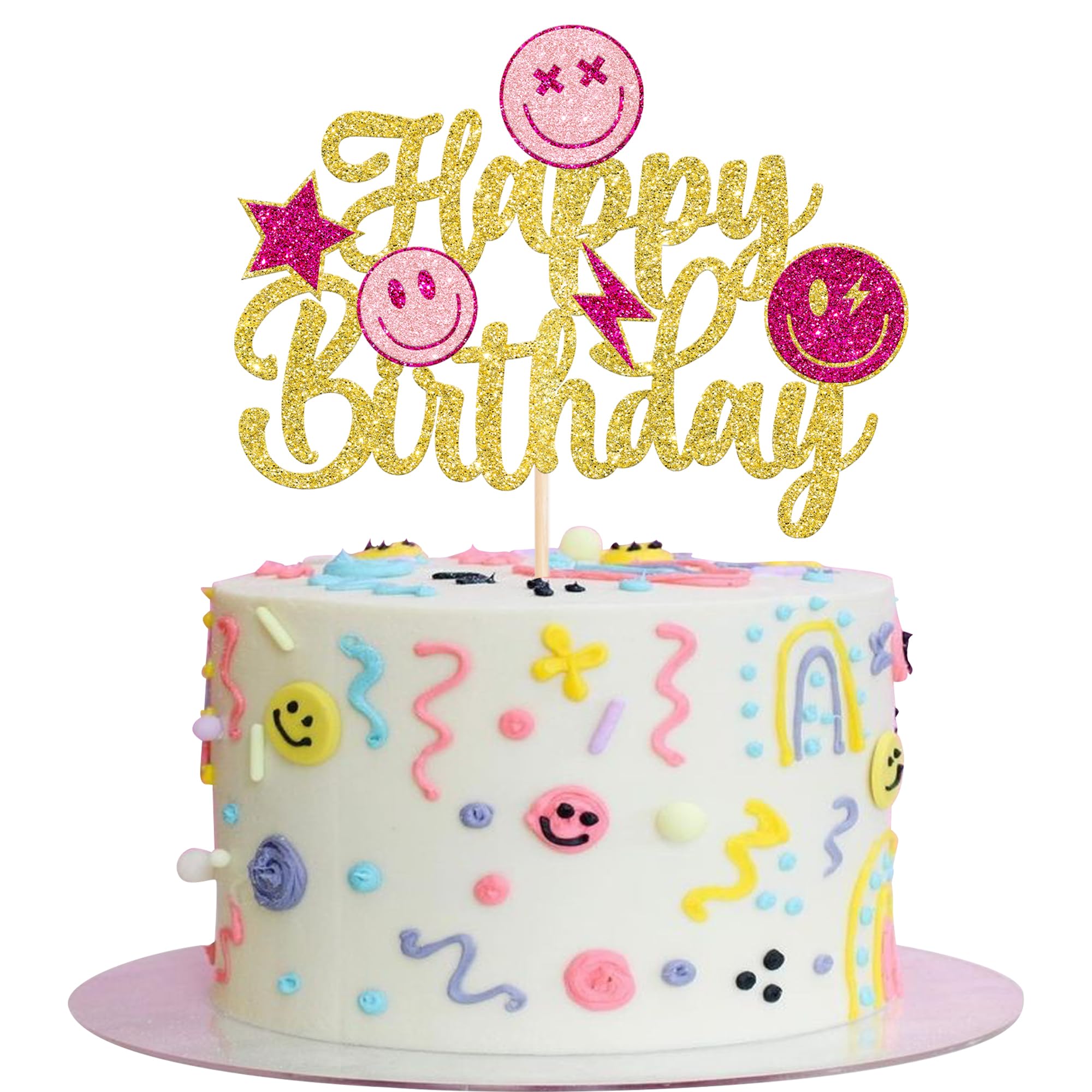 1 Pack Gold Glitter Happy Birthday Cake Topper - Smile Face & Assorted Emoji Picks for Girls, Baby Showers, Birthday Parties - Perfect for Cake Decorations and Celebration Supplies (Gold) - Ideal for Birthday Cakes, Cupcakes, and Party Desserts