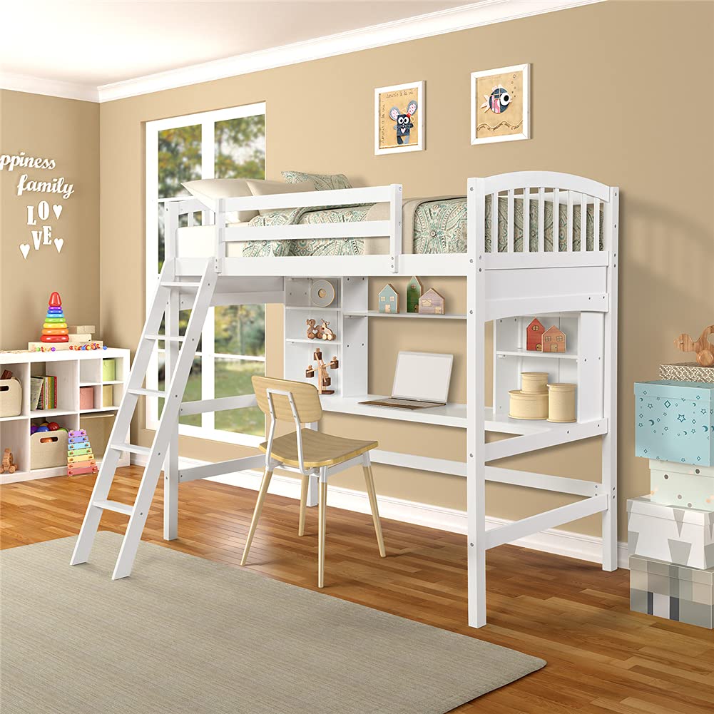 **Twin Size Pinewood Loft Bed Frame with Built-in Desk & Storage Shelves - Sturdy Bedroom Furniture with Guardrails & Removable Inclined Ladder (White) - Perfect for Kids' Rooms, Dorms & Small Spaces**