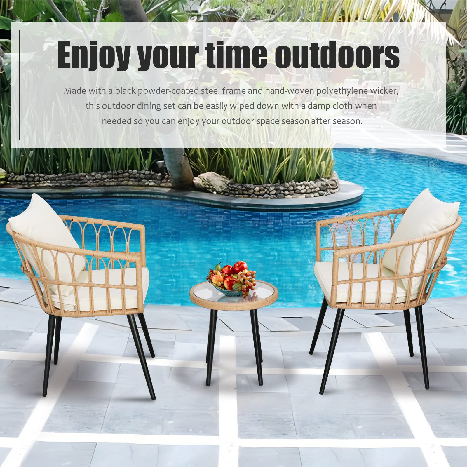 SoarFlash 3-Piece Outdoor Wicker Bistro Set with Coffee Table - Patio Conversation Chairs for Lawn, Garden, Backyard - Weather-Resistant Rattan Furniture for Relaxing Outdoors (Beige)
