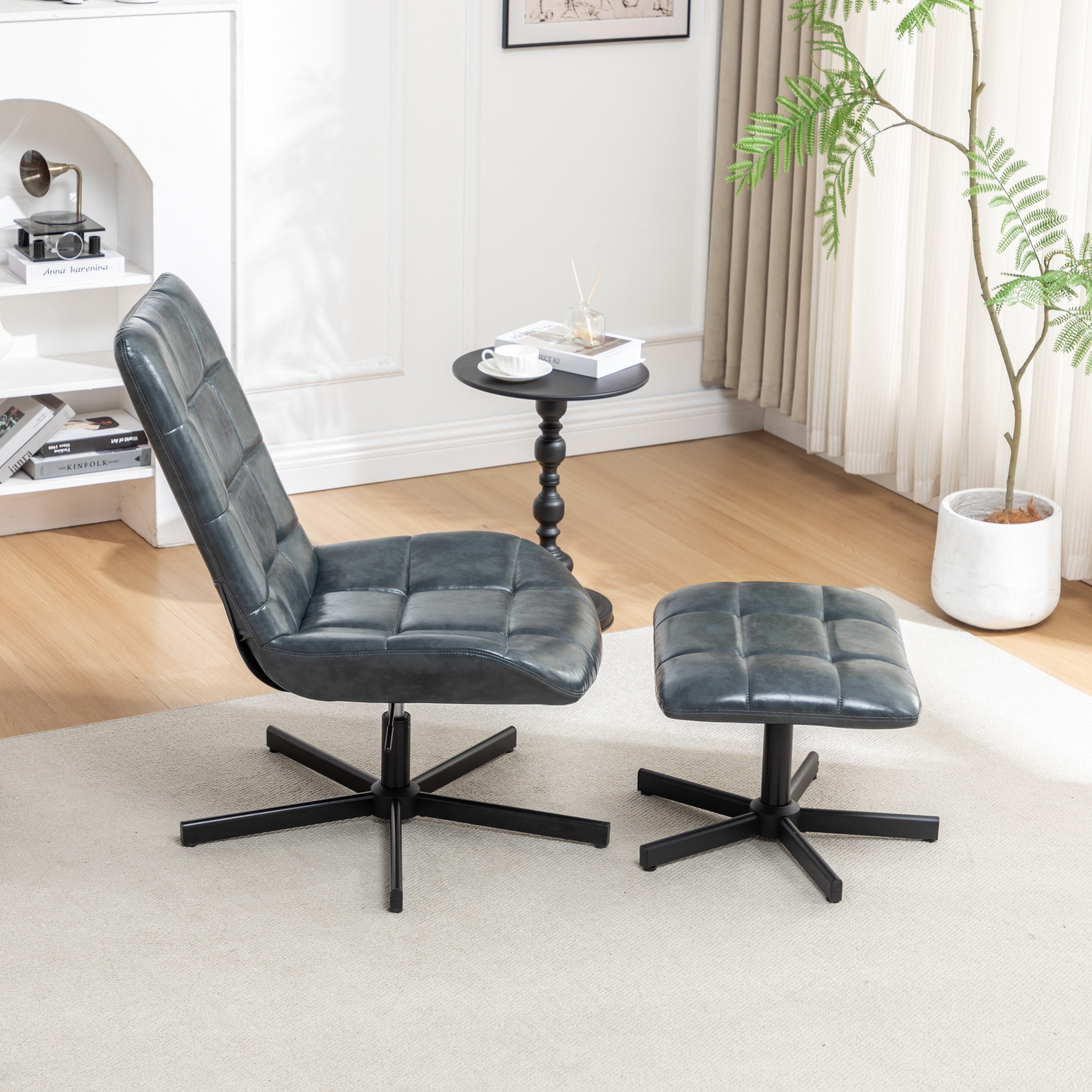 Roundhill Furniture Arlena Faux Leather Tufted Accent Chair with Ottoman Set - Modern Living Room Seating for Home Office, Bedroom or Lounge Area
