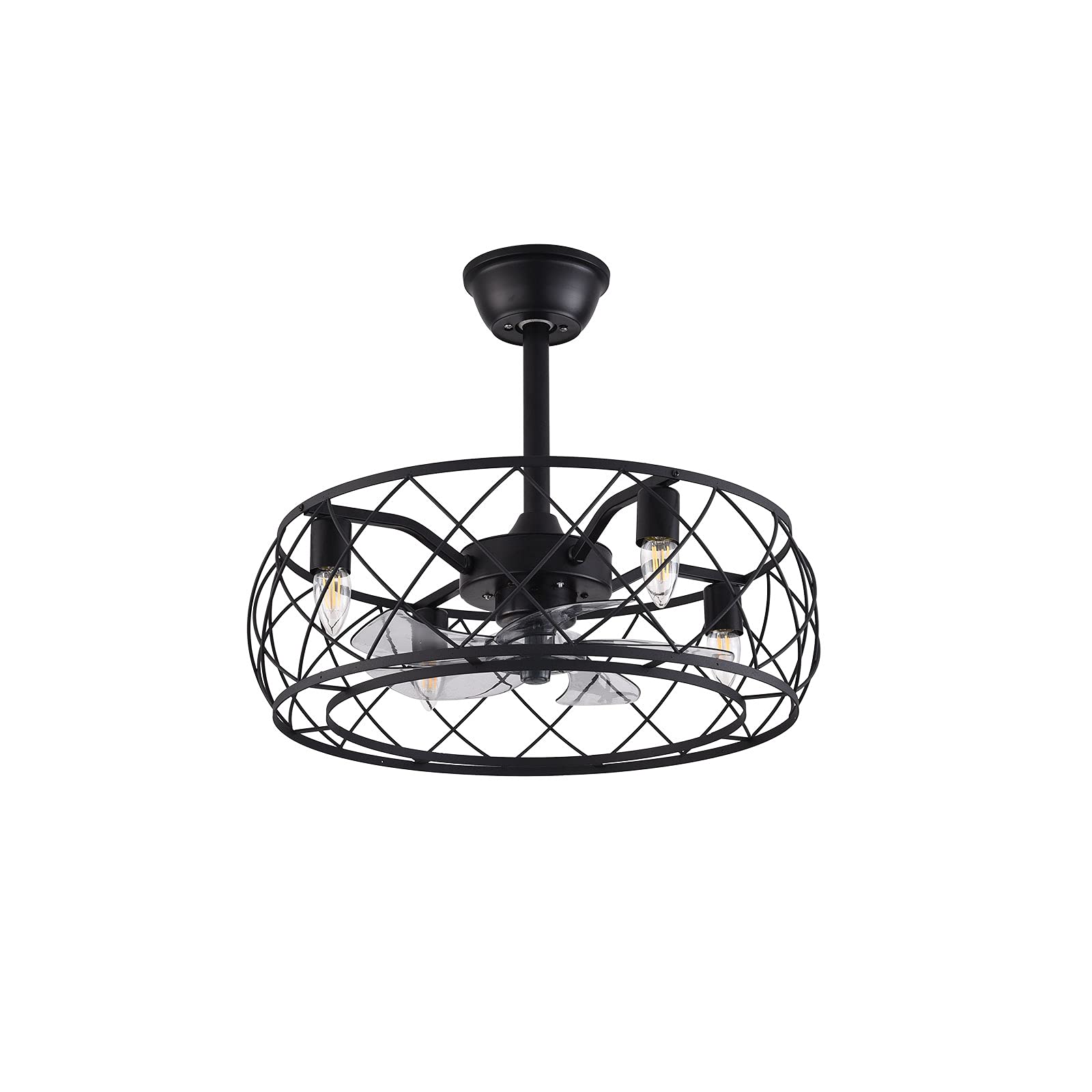 20 Inch Black Industrial Metal Cage Ceiling Fan with Remote Control & Lights - Rustic Style for Living Room, Bedroom, or Office
