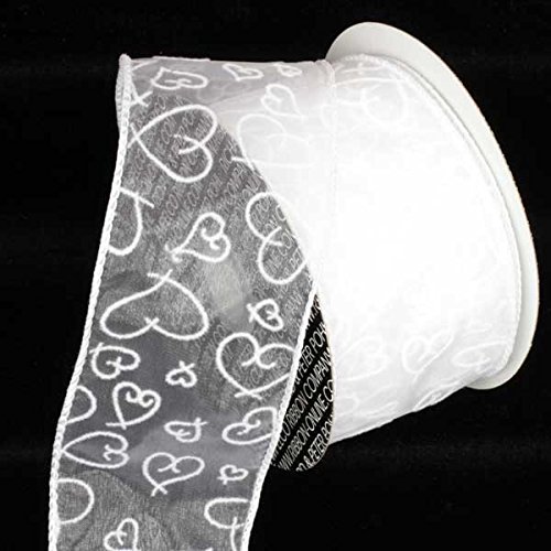 Sheer White Flocked Heart Pattern Wired Craft Ribbon - 4 Inch x 40 Yards for DIY Gift Wrapping, Wedding Decorations & Scrapbooking