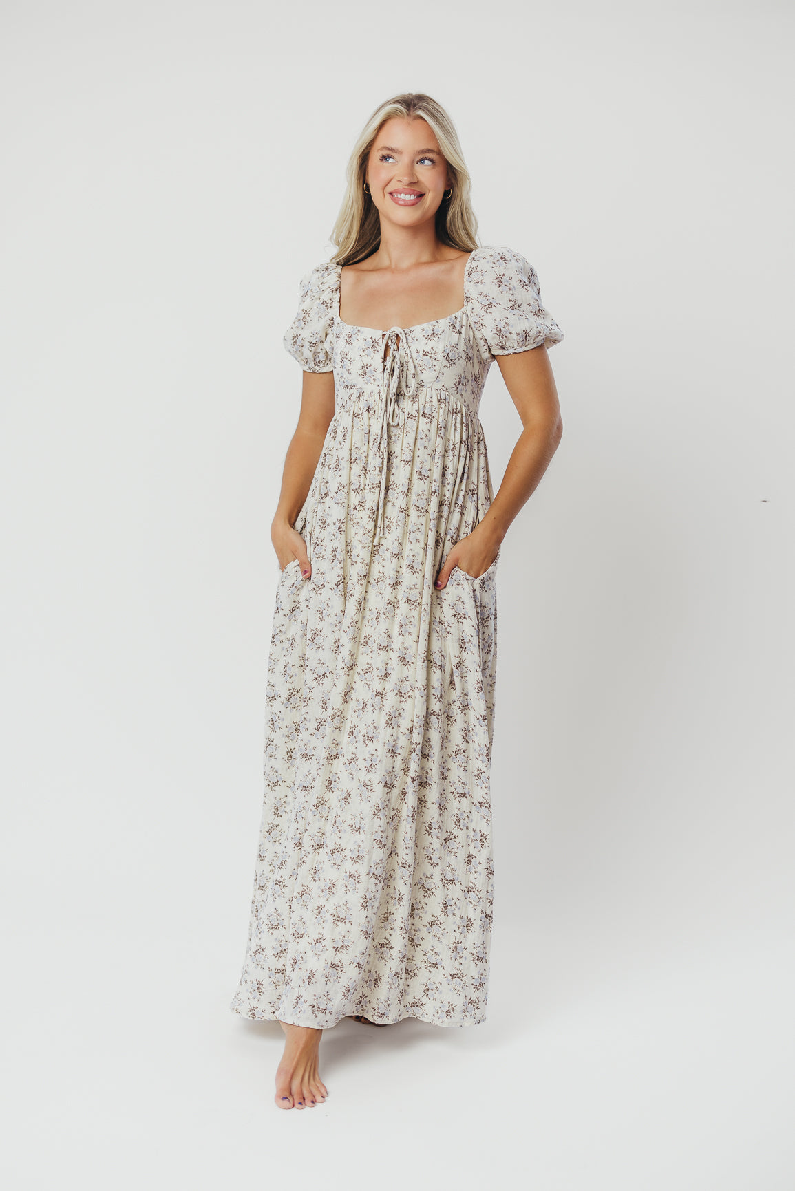 Haven 100% Cotton Tie Front Maxi Dress - Blue & Brown Floral Print | Bump Friendly Maternity Dress | Perfect for Beach, Vacation & Summer Outfits