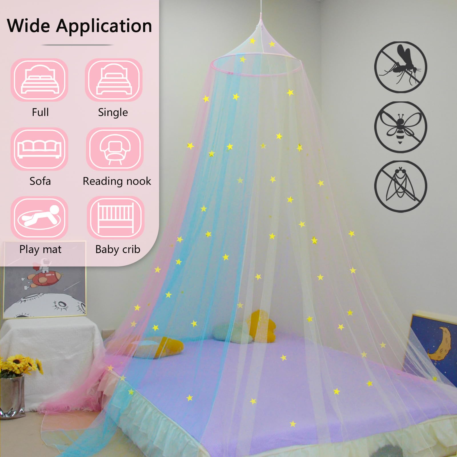 Rainbow Princess Bed Canopy for Girls with Glowing Stars - Twin/Full/Queen Size Dreamy Bed Tent, Ceiling Curtains & Magical Room Decor for Kids Bedroom, Birthday Gifts & Sleepover Parties