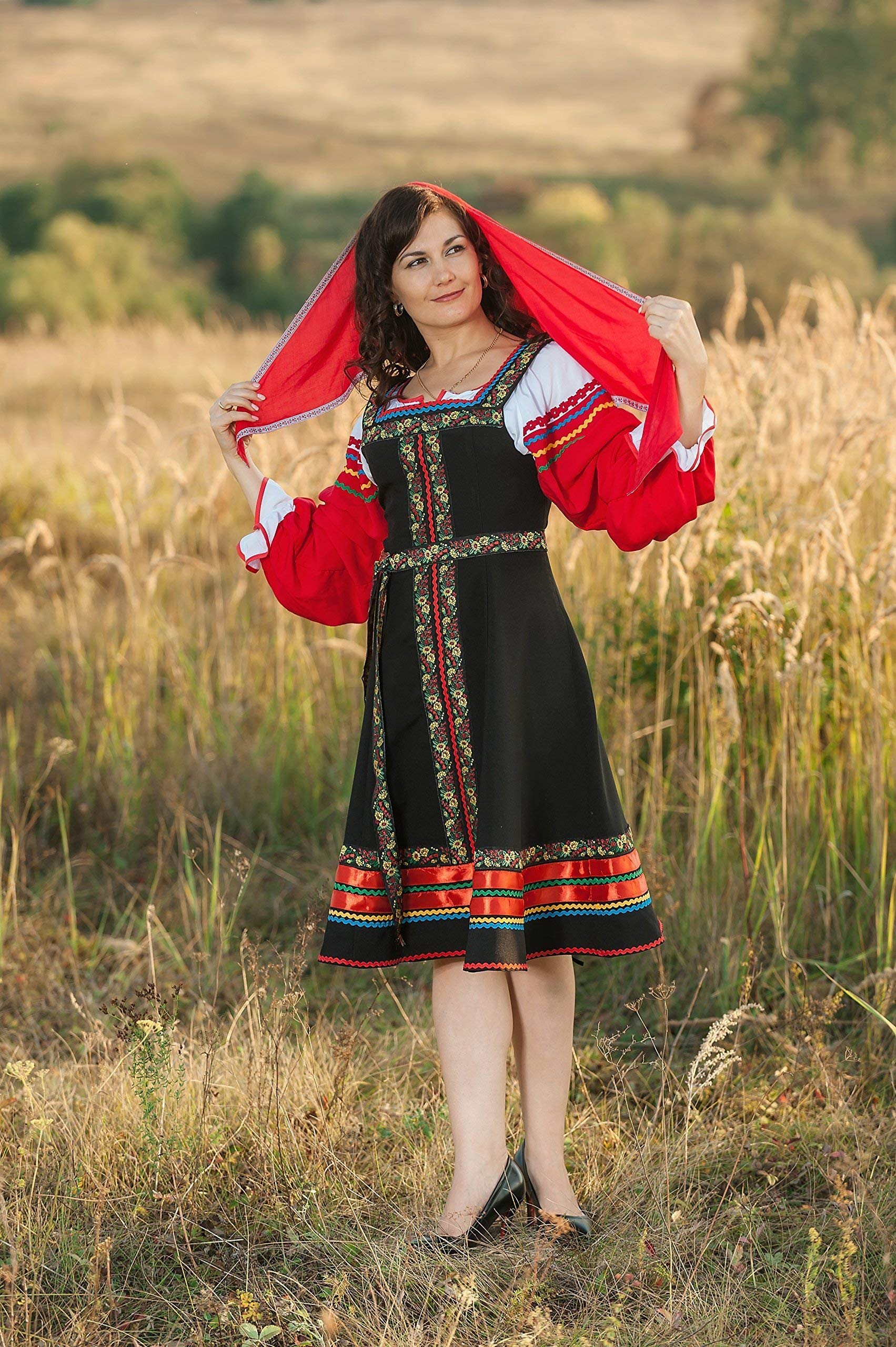 Traditional Russian Sarafan Dress - Red Folk Dance Costume with White Blouse for Women | Perfect for Cultural Performances, Festivals & Themed Parties