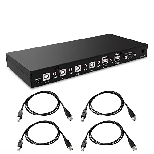 KM Switch 4 Port USB KVM Switch - Control 4 Computers with 1 Keyboard & Mouse | USB 2.0 Hub | Stereo Audio Output | Boundless Switching | Perfect for Home Office, Gaming & Multi-PC Workstations