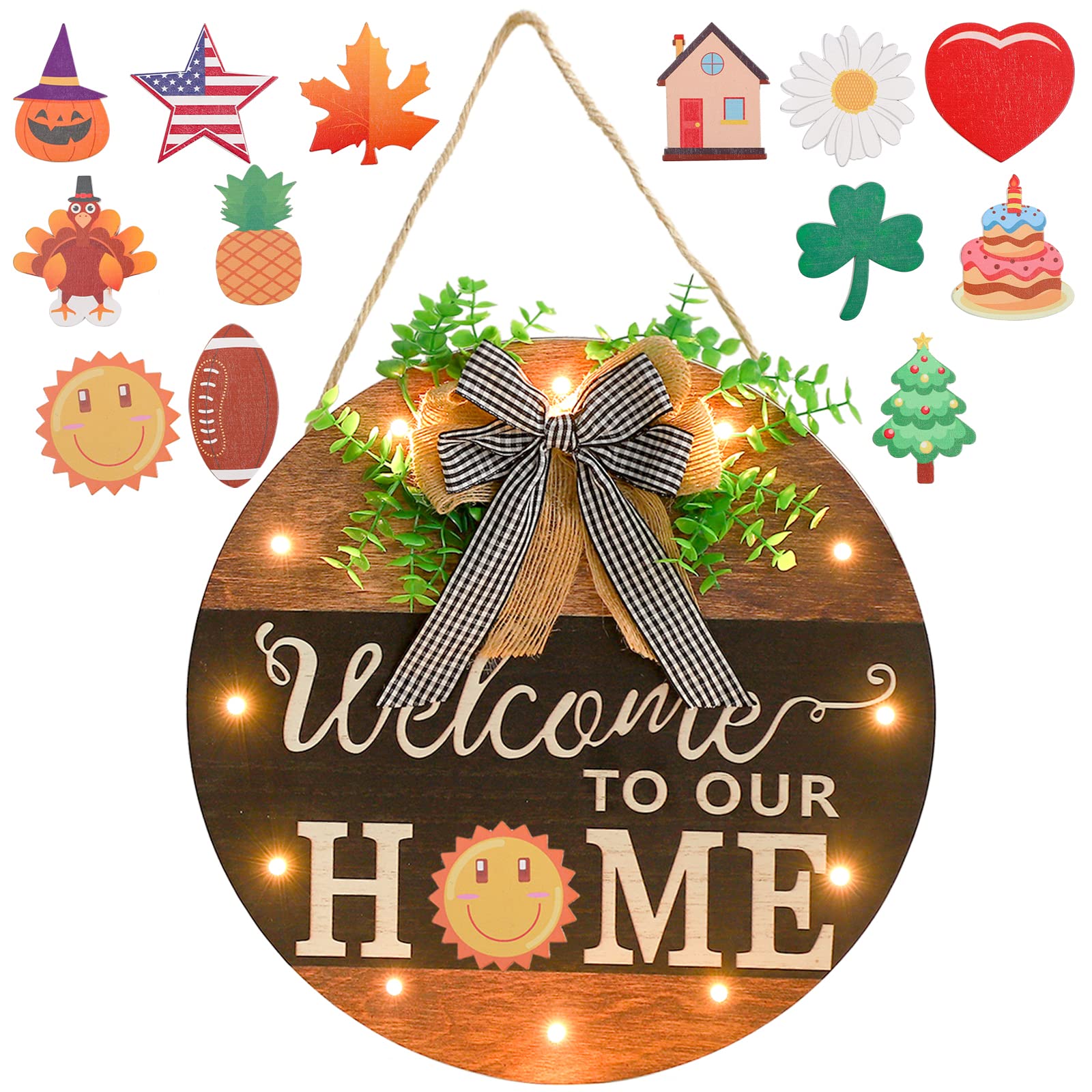 Farmhouse Welcome Sign for Front Door - 14 Interchangeable Icons, Rustic Wooden Porch Decor with 12 LED Lights, Seasonal Outdoor Home Decoration - Perfect for Christmas, Thanksgiving & Year-Round Front Porch Decorating