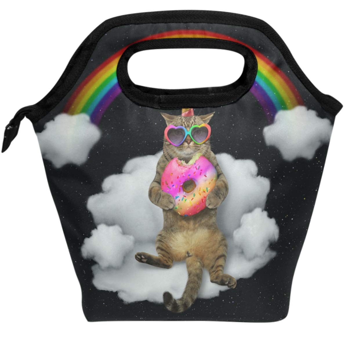 Stylish Cat Unicorn Insulated Lunch Bag with Sunglasses & Donut Rainbow Design - Portable Thermal Bento Box Cooler Tote for Women & Men - Perfect for Work, School, Picnics & Outdoor Activities