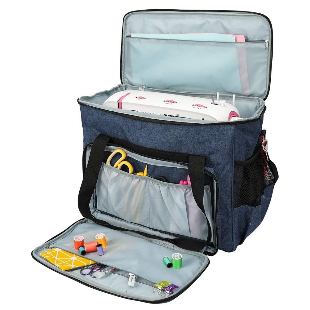 Lustar Portable Sewing Machine Carrying Case with Compartment Pockets & Shoulder Strap - Durable Storage Tote Bag for Most Sewing Machines (Blue) - Perfect for Travel, Classes & Home Sewing Projects