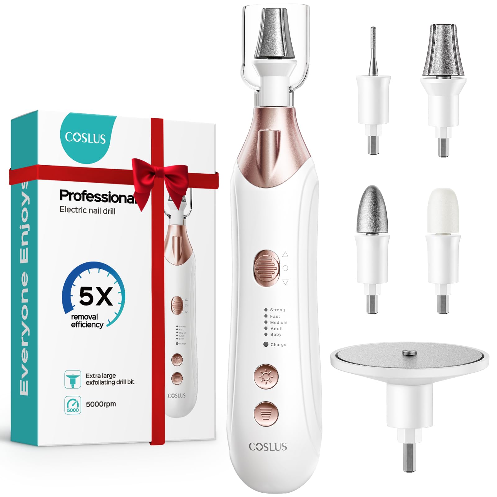 Professional 5-in-1 Electric Nail File Kit - Cordless Manicure Pedicure Set with 5 Speeds & Wide Grinder for Thick Nails - Perfect for Home Salon, Men, Women & Seniors - White C43 Model - Ideal for At-Home Nail Care, Salon Professionals & DIY Beauty Treatments