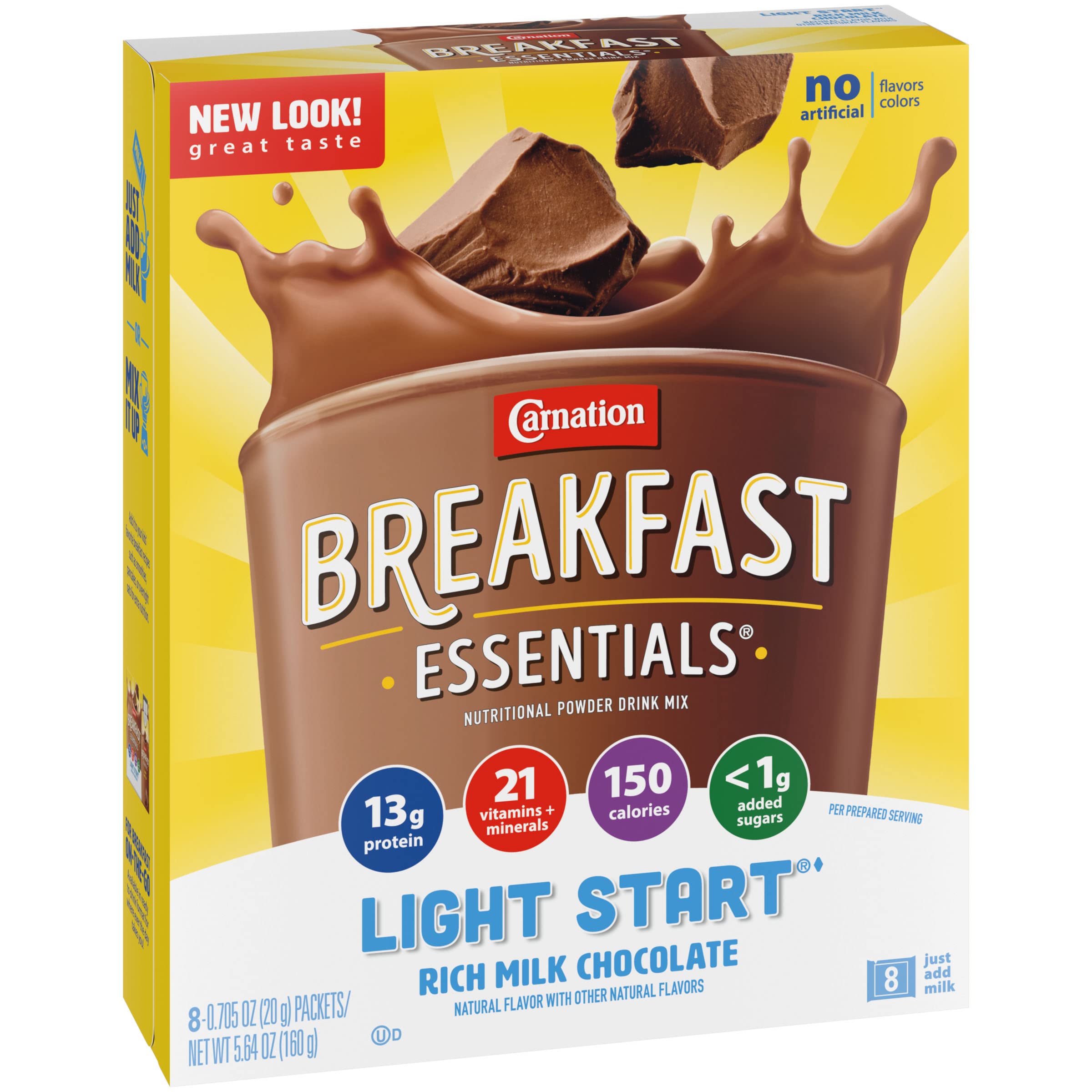 Carnation Breakfast Essentials Light Start Powder Drink Mix - Rich Milk Chocolate Flavor, 7.05 oz (8 Count, Pack of 2) | Quick & Nutritious Breakfast Solution for Busy Mornings, Post-Workout Recovery & On-the-Go Nutrition