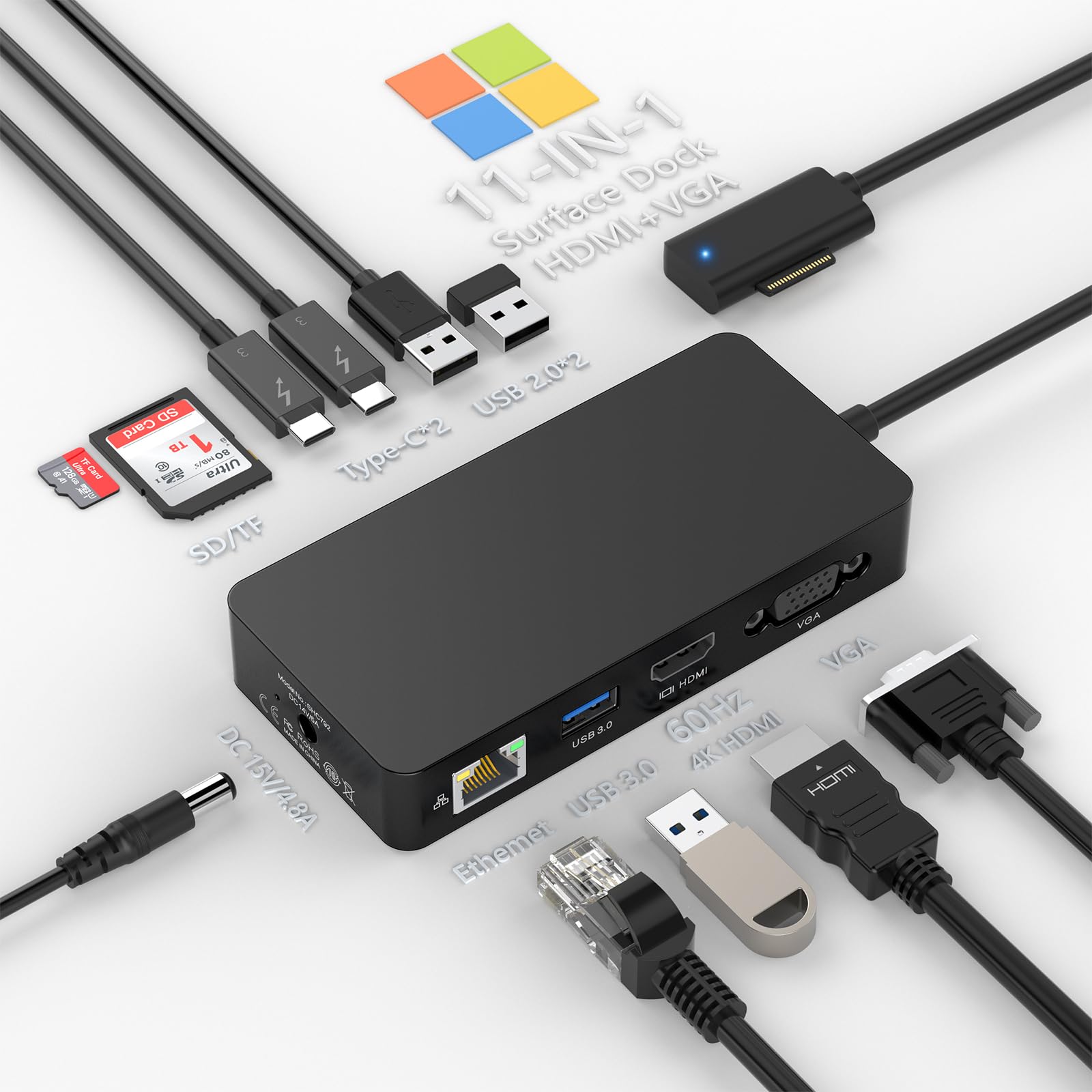 Microsoft Surface Dock 2 - 11-in-1 Docking Station with 4K@60Hz HDMI, VGA, Ethernet, USB-C/USB-A, SD/TF & 60W Power - Compatible with Surface Pro 10/9/8/X/7/6/5/4/3, Laptop Go, Laptop 6-1, Surface Book - Perfect for Home Office & Remote Work Setup