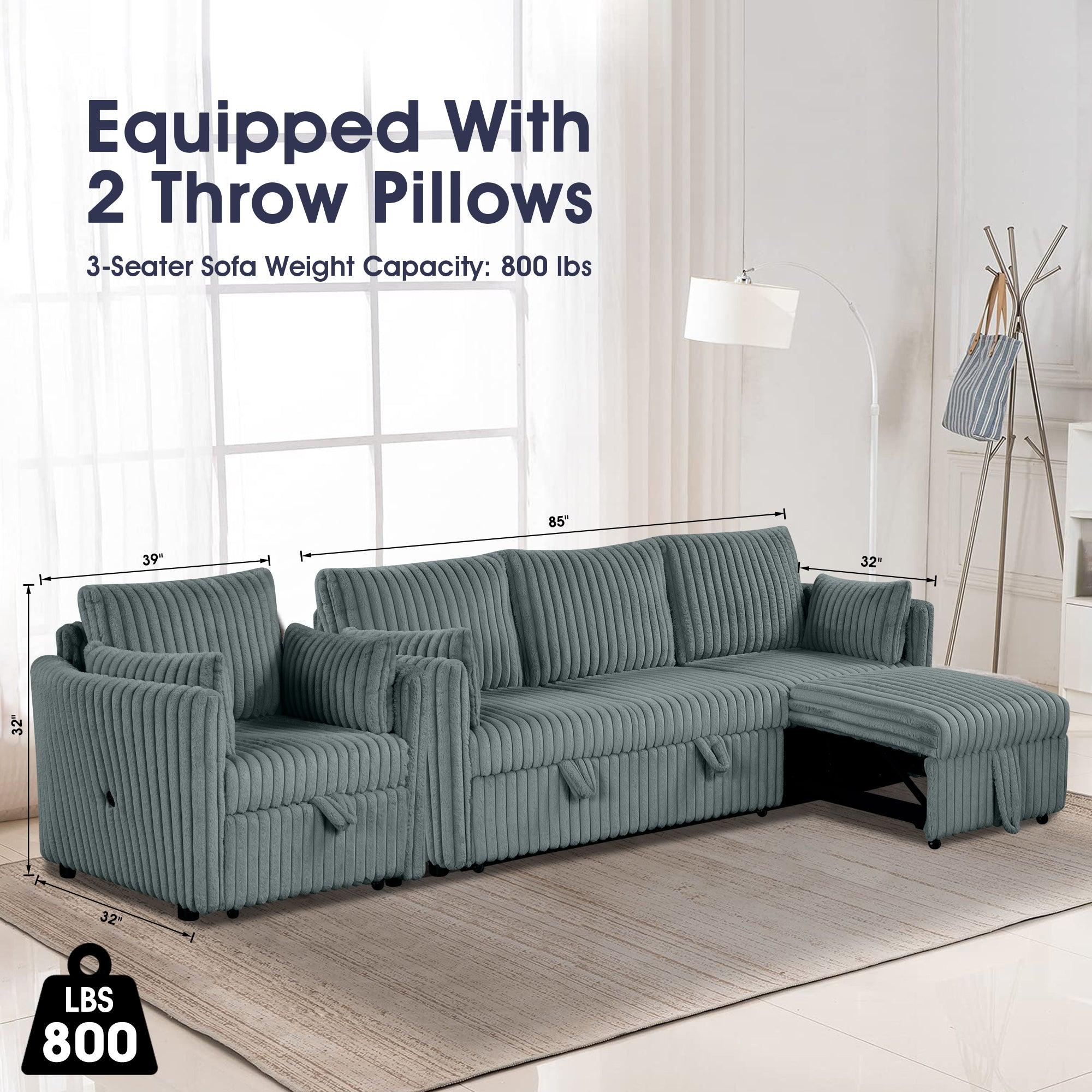 Dark Gray Faux Fur Oversized Convertible Sleeper Sectional Sofa with USB Charging Ports - 3-in-1 Couch, Daybed & Pull-Out Chair with 2 Pillows - Modern Living Room Furniture for Small Spaces, Apartments & Home Theater Lounging