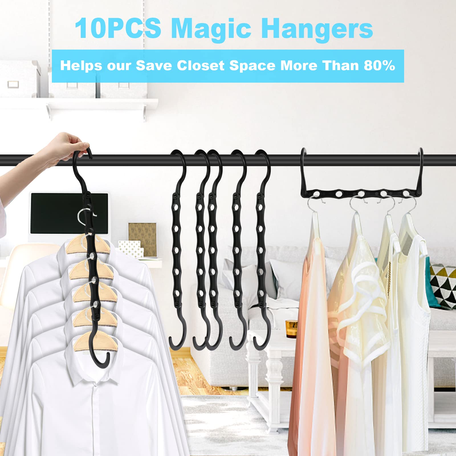 10-Pack Space Saving Hangers - 5-Hole Magic Closet Organizers | Heavy Duty Plastic Clothes Hangers for Wardrobe Storage | Perfect for College Dorm, Home Organization & Travel (Black)