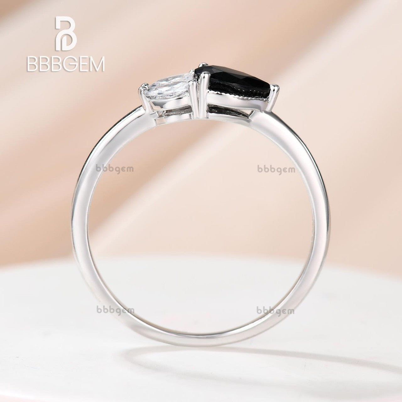 Petite Black Onyx Pear & White Moissanite Marquise Stacking Ring - Asymmetrical East-West Set for Women - Perfect for Layering, Wedding Bands, and Everyday Elegant Jewelry