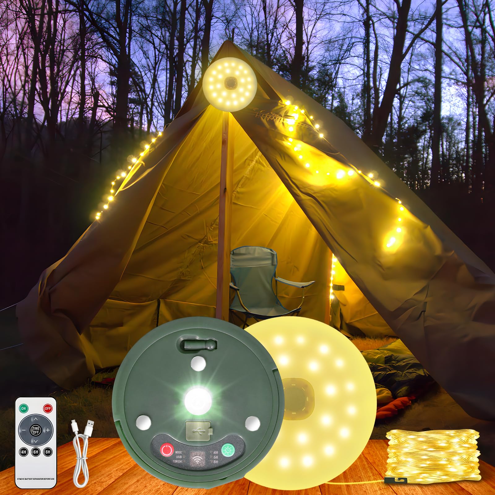 HELESIN 3-in-1 Waterproof Portable String Lights - USB Rechargeable Outdoor Camping Lights with 8 Lighting Modes for Tent, Backyard, RV & Patio (Warm White) - Perfect for Camping Trips, Backyard Parties and Outdoor Decorations