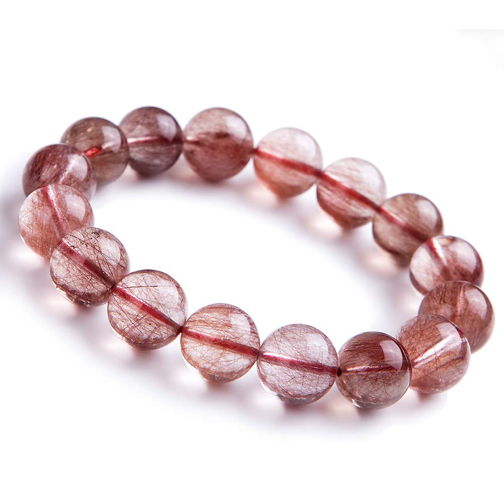 Natural Red Rutilated Quartz Gemstone Bracelet - 13.5mm Round Bead Stretch Crystal Jewelry for Women - Perfect for Meditation, Yoga & Spiritual Healing