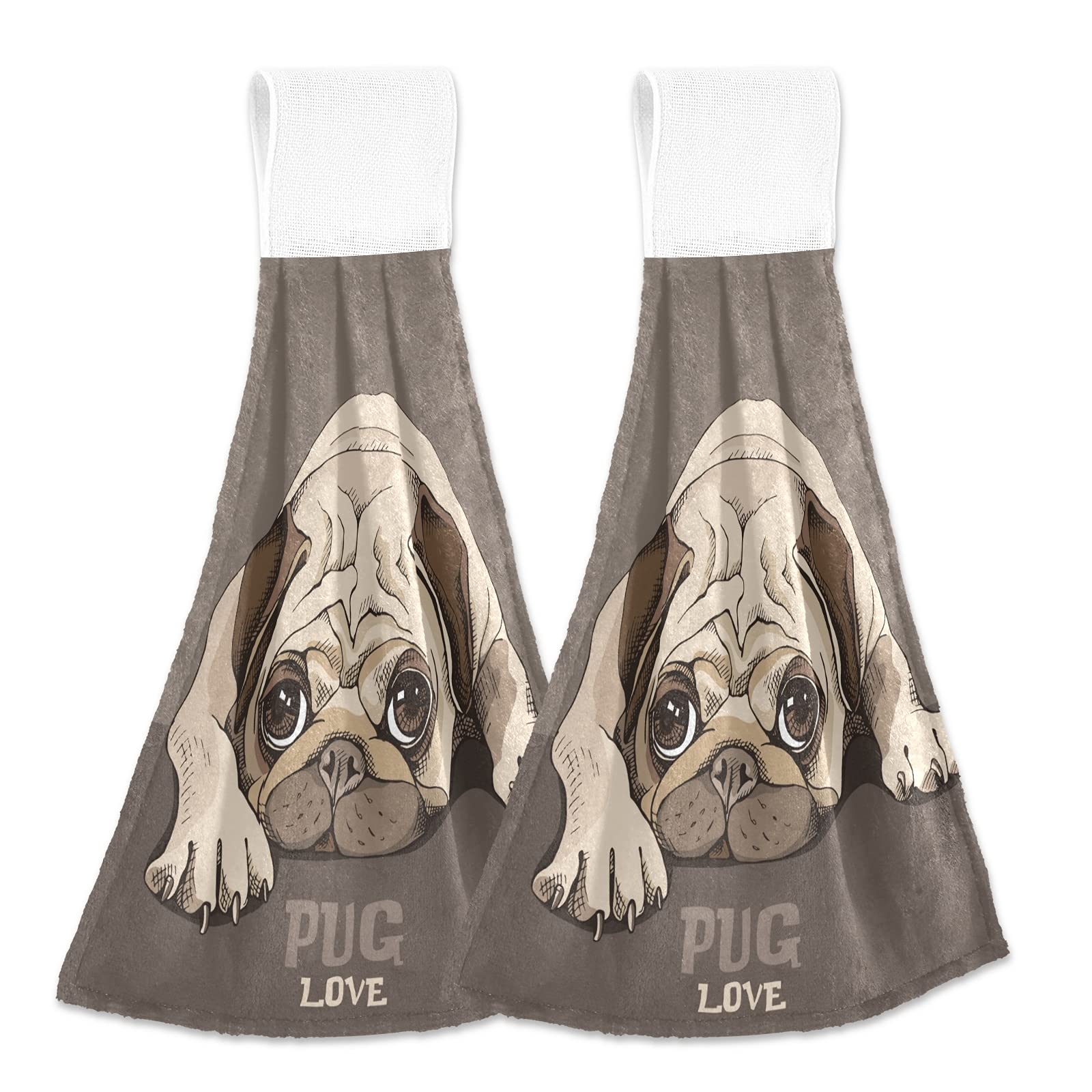 Funny Pug Puppy Kitchen Towels Set of 2 - Cute Dog Design Hand Towels for Kitchen & Bathroom Decor - Absorbent Wash Cloths for Cooking, Cleaning and Home Decor