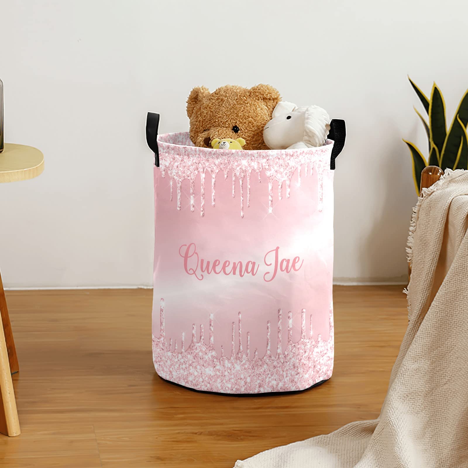 Blush Rose Pink Dripping Glitter Storage Bin - Waterproof Oxford Fabric Laundry Hamper & Organizer for Clothes, Toys, Gifts | Perfect for Bedroom, Nursery & Home Organization
