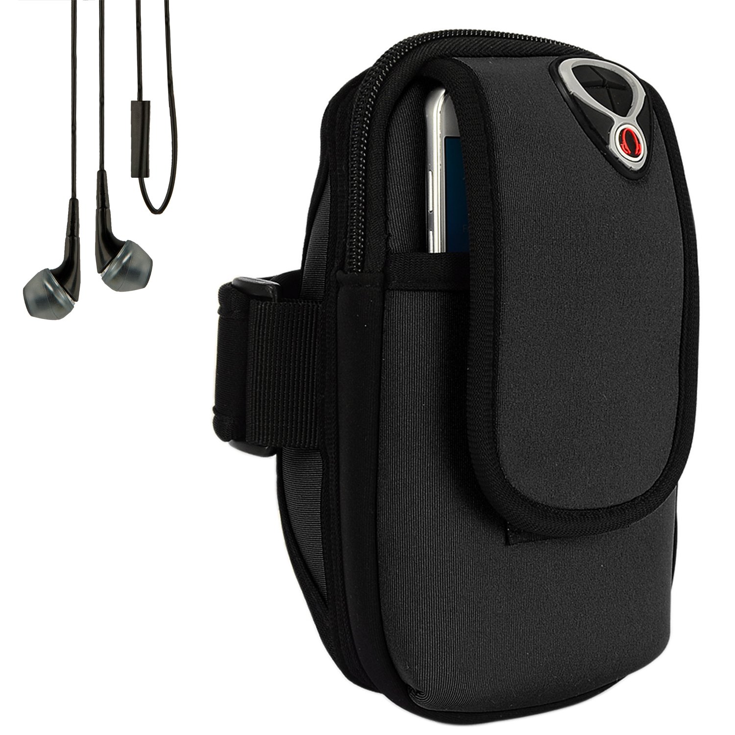 Sweatproof Black Neoprene Armband with Earphones for Running & Workout - Compatible with Huawei/Honor Phones Up to 6.4