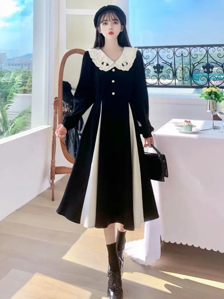 2023 Vintage Preppy Style Kawaii Black Midi Dress for Women - Peter Pan Collar School Student Party Dress | Perfect for Autumn School Events, Casual Outings & Retro-Themed Parties