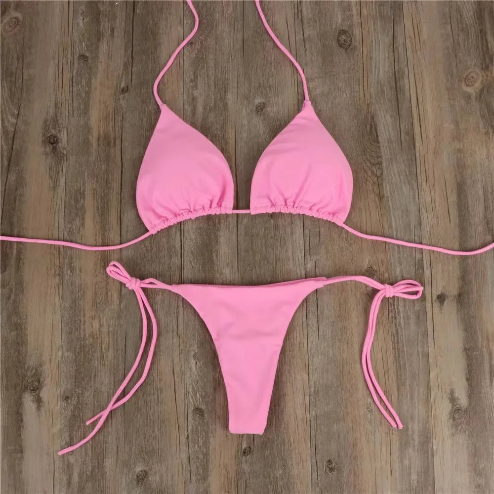 2 Pcs Women's Sexy Solid Color Bikini Set - Halter Neck Strap Thong Swimwear Bathing Suit for Beach, Pool Party & Summer Vacation