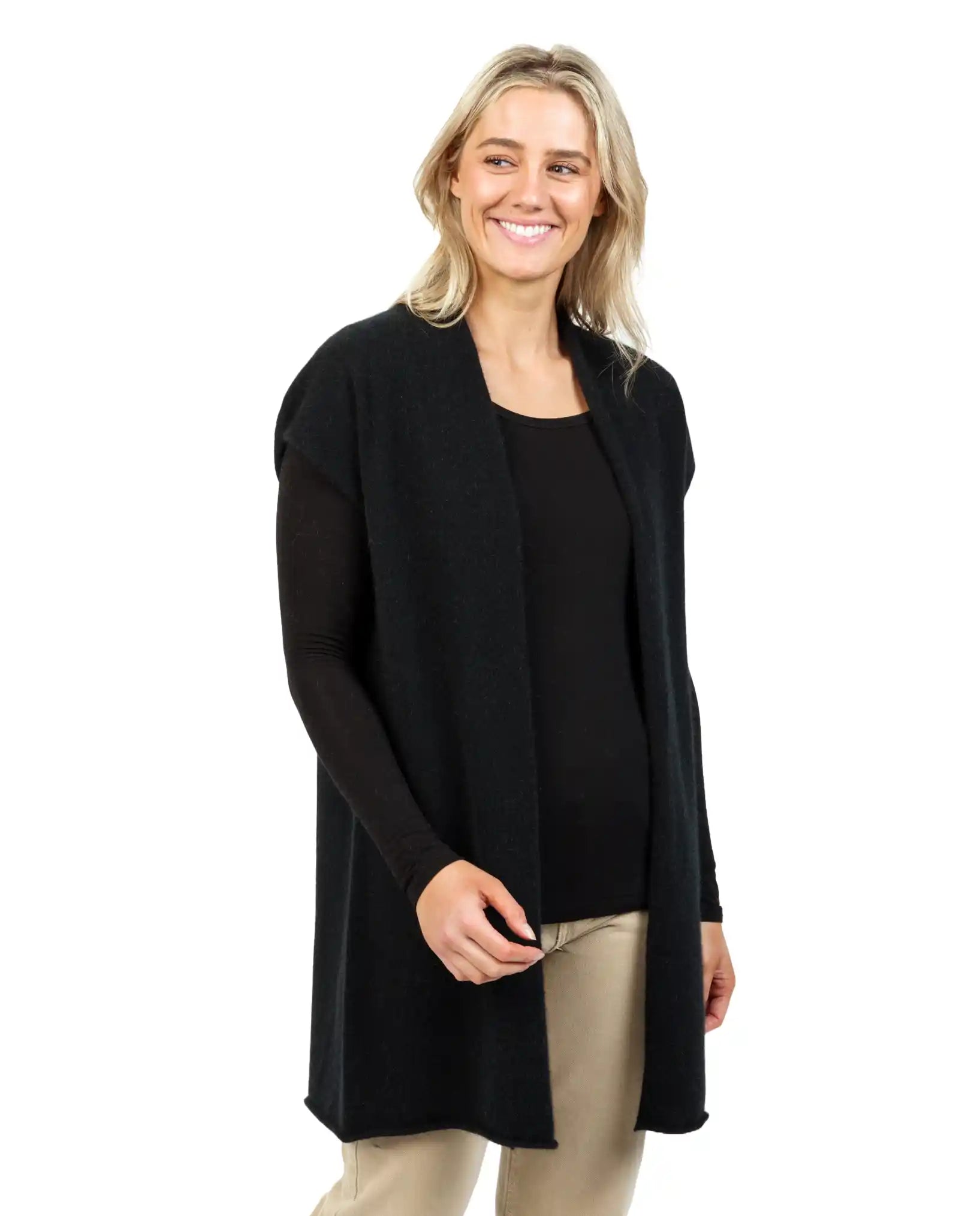 Stylish Black Women's Long Vest in Premium Possum Merino Wool - NB890 | Perfect for Winter Layering & Outdoor Activities
