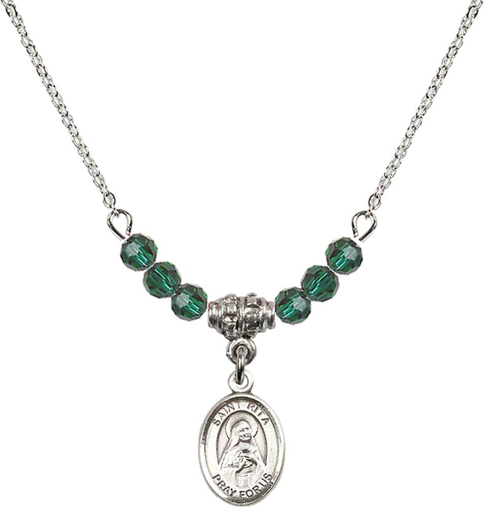 Bonyak Jewelry 18 Inch Rhodium Plated Necklace with 4mm Green May Birthstone Beads & Saint Rita of Cascia Pendant - Elegant Gift for Mother's Day, Birthday & Spiritual Protection