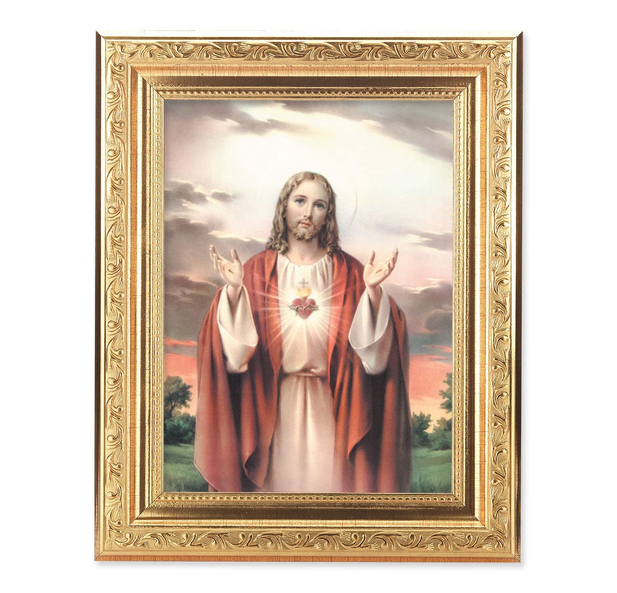 Sacred Heart of Jesus Framed Wall Art - Gold Leaf Antique Finish with Acanthus Leaf Detail - Religious Home Decor for Living Room, Bedroom & Church