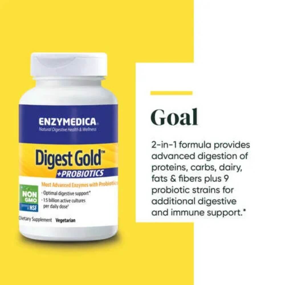 Enzymedica Digest Gold + Probiotics 180 Capsules - Advanced Digestive Enzyme Supplement with Probiotics for Gut Health - Supports Digestion, Bloating & Nutrient Absorption for Daily Wellness