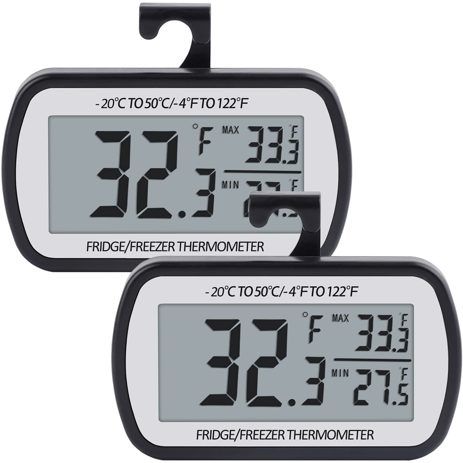 AEVETE Digital Refrigerator & Freezer Thermometer - Large LCD Display, Magnetic Back, Easy to Read (2-Pack, Black) - Perfect for Kitchen, Grocery Stores & Food Safety Monitoring