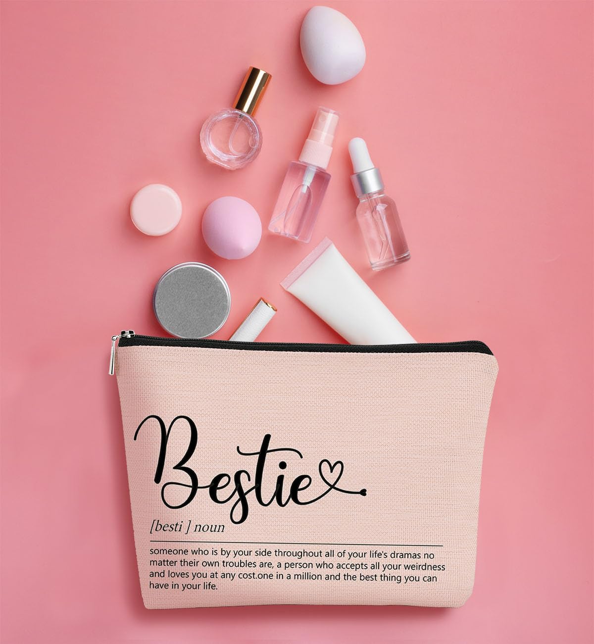 Bestie Definition Small Makeup Bag - Pink Cosmetic Pouch for Women | Travel Toiletry Organizer | Inspirational Gift for Friends, Sisters, Colleagues & Classmates | Perfect for Birthday, Travel & Daily Makeup Storage