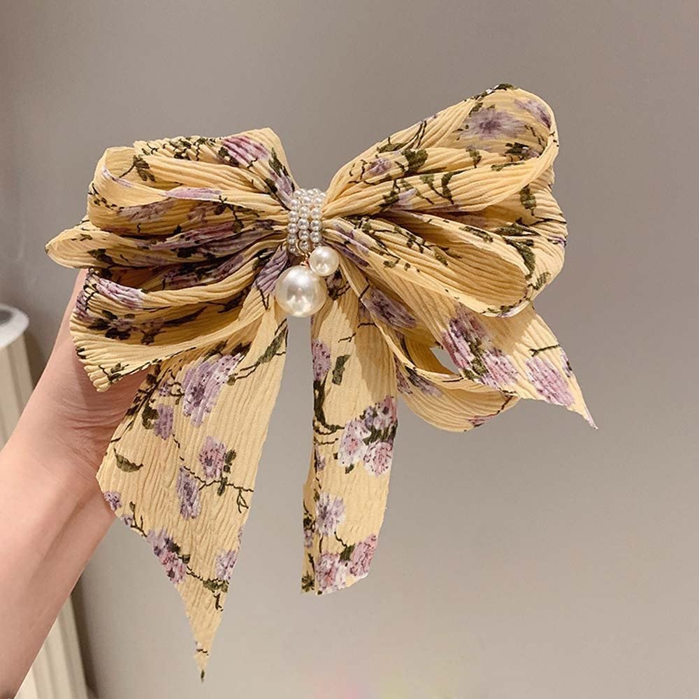 ASG Floral Korean Pearl Chiffon Bow Hair Clip - Large Bowknot Spring Hairpin for Women & Girls, Strong Hold Hair Accessory for Wedding, Party & Daily Use