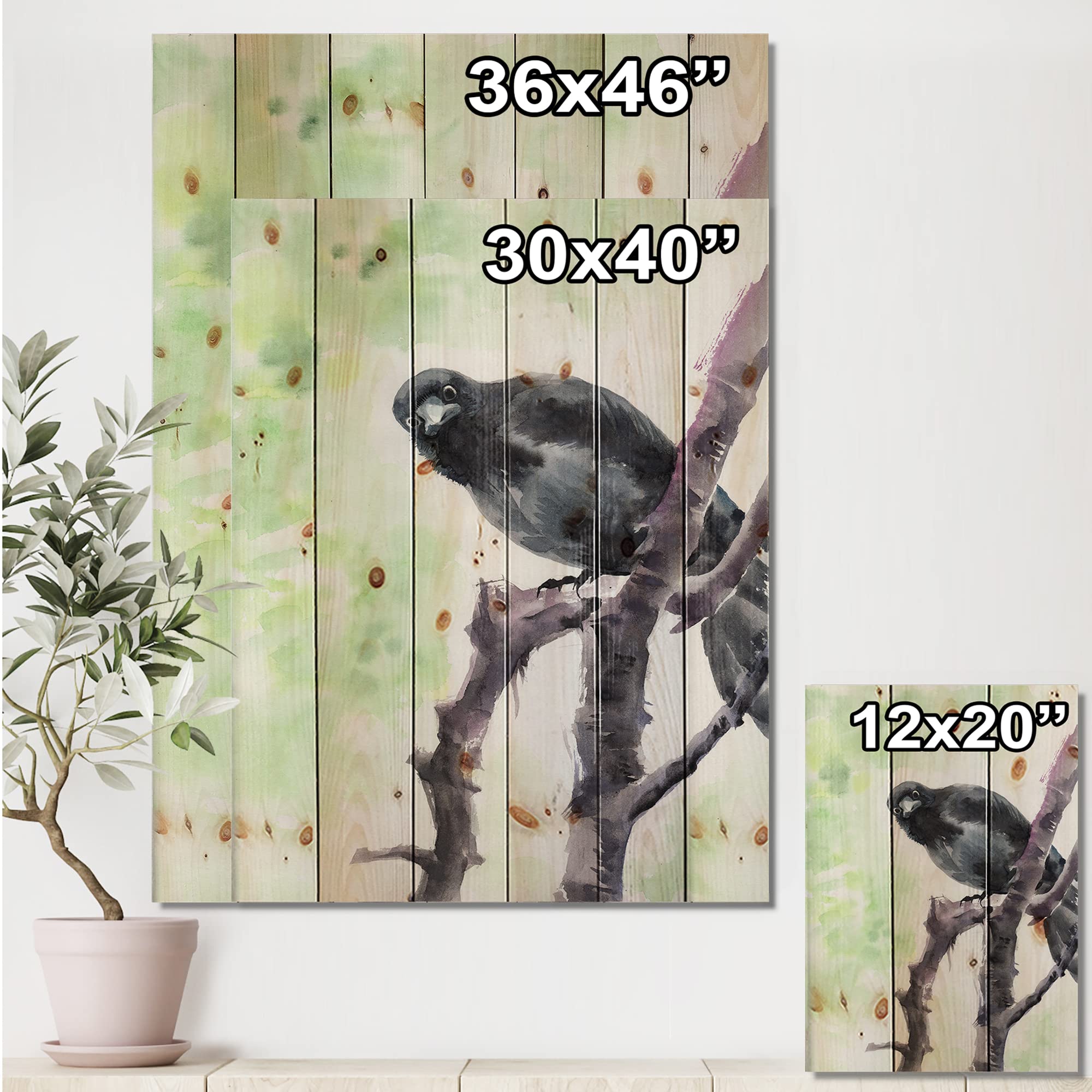 DesignQ Traditional Wood Wall Decor - Curious Crow on Branch Green Wood Art, Large Animal Wall Panel Printed on Natural Pine - Perfect for Living Room, Bedroom & Farmhouse Decor