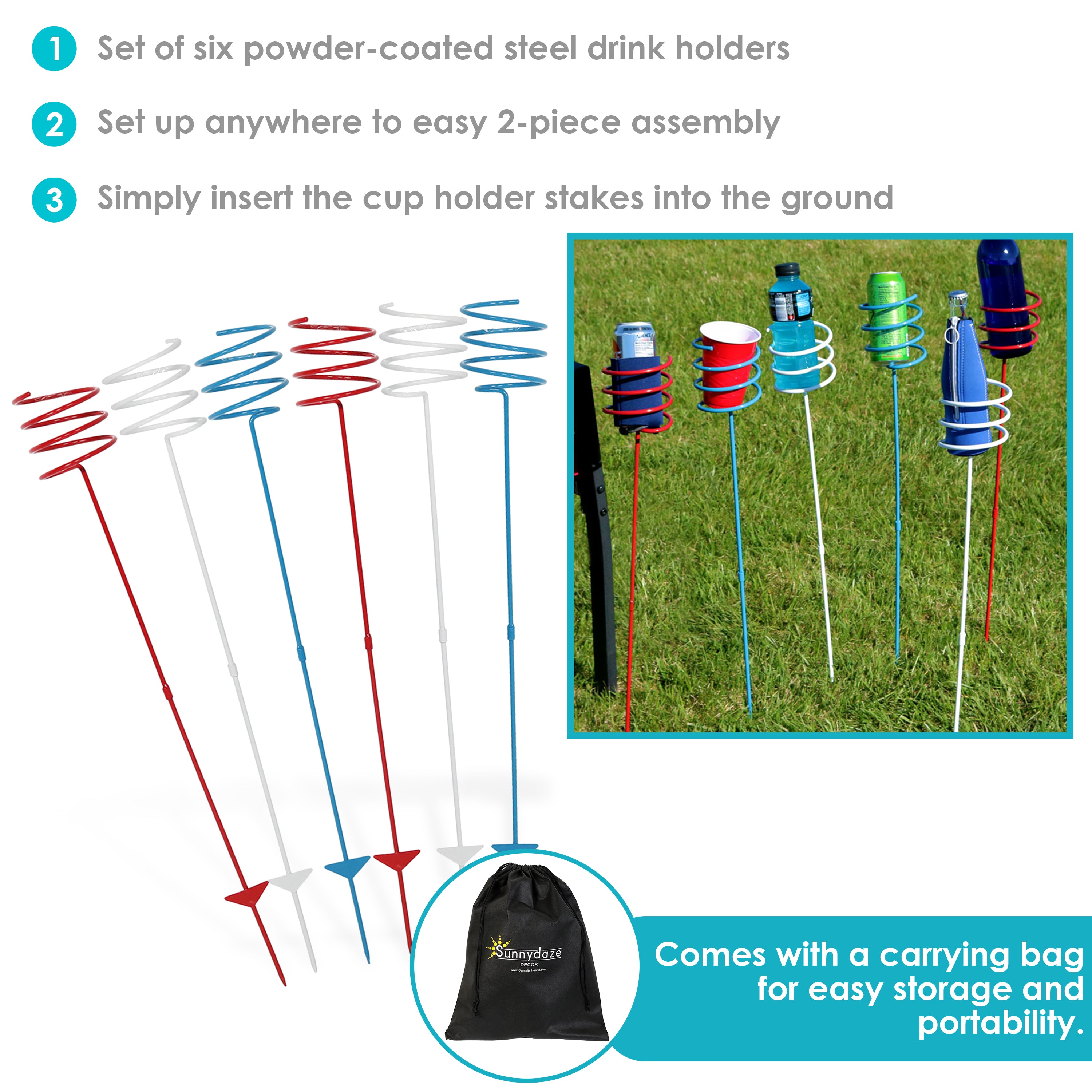 Sunnydaze Heavy Duty Red White Blue Outdoor Drink Holder Set - Perfect for BBQs, Picnics, Pool Parties & Tailgating