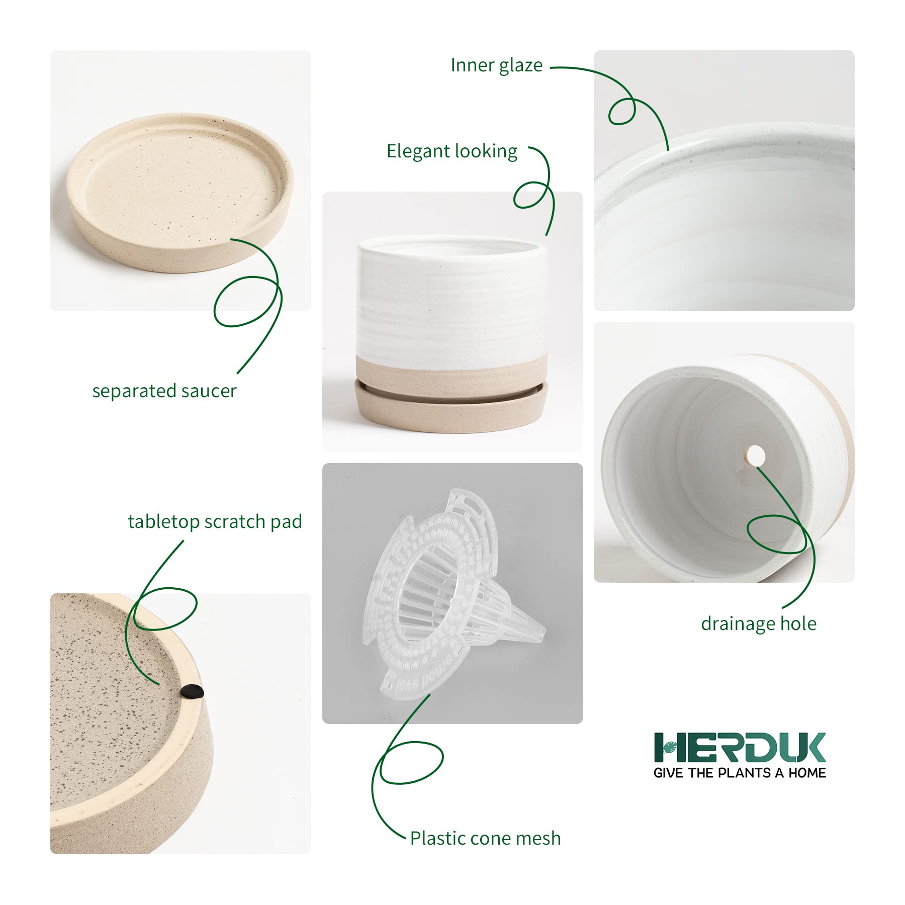 6 Inch Ceramic Plant Pots with Drainage Hole & Saucer - Indoor/Outdoor Cylinder Round Planter for Succulents, Herbs, Flowers - White & Beige Glazed Garden Decor