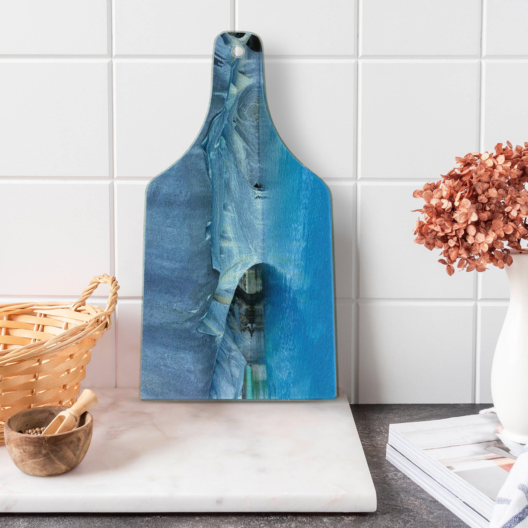 Ambesonne Blue Marble Glass Cutting Board - Chile Carrera Lake Inspired, Tempered Glass Serving Board for Kitchen, Wine Bottle Shape - Perfect for Charcuterie, Cheese, and Entertaining (Blue, Purple, Grey, White)