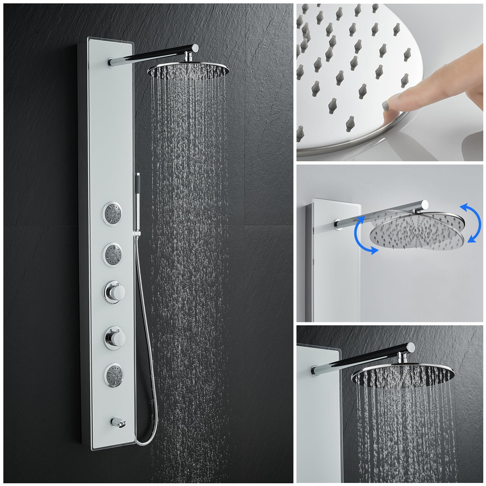 Premium White Glass Shower Panel Tower System - 304 Stainless Steel & Glass 4-in-1 Shower Tower with 9