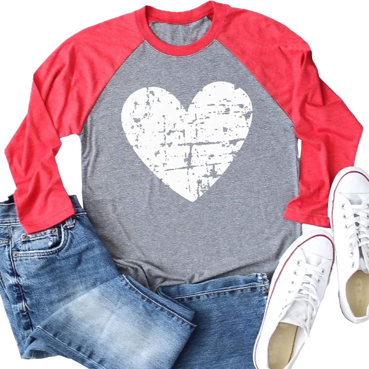 Women's Love Heart Raglan Long Sleeve T-Shirt - Valentine's Day Graphic Tee for Wife - Casual Comfort Fit Top for Date Night & Anniversary Gifts
