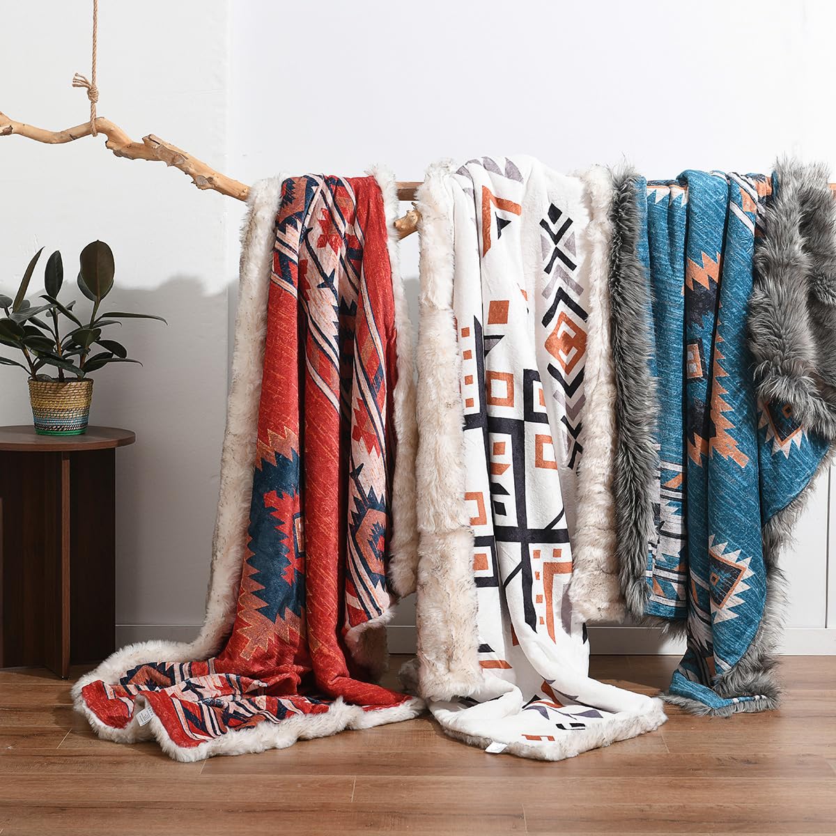 Luxury Plush Faux Fur Throw Blanket with Aztec Pattern - Super Soft & Warm Fluffy Blanket for Couch, Sofa, Bed & Home Decor - 50
