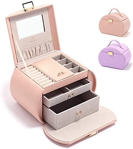 Vee Princess Style 3-Tier Mirrored Jewelry Organizer Box for Women & Girls - Perfect for Earrings, Necklaces, Rings, Watches & Bracelets Storage - Ideal Gift for Birthday, Christmas & Special Occasions (Pink)