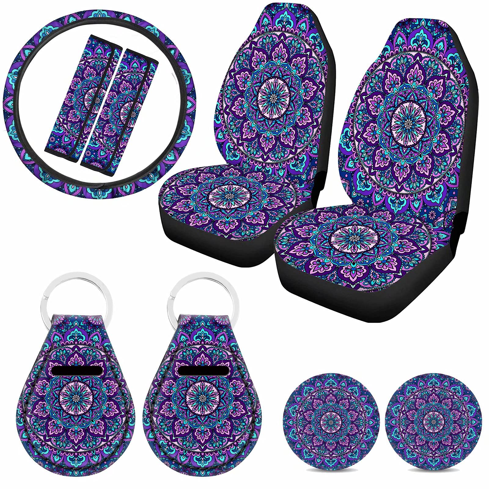 KUIFORTI Mandala Lotus Car Interior Accessories Set - 9 Piece Car Seat Covers, Steering Wheel Cover, Seat Belt Pads, Cup Holder Coasters & Keychain for Yoga Lovers & Boho Style Vehicles - Perfect for Meditation, Road Trips & Spiritual Commutes