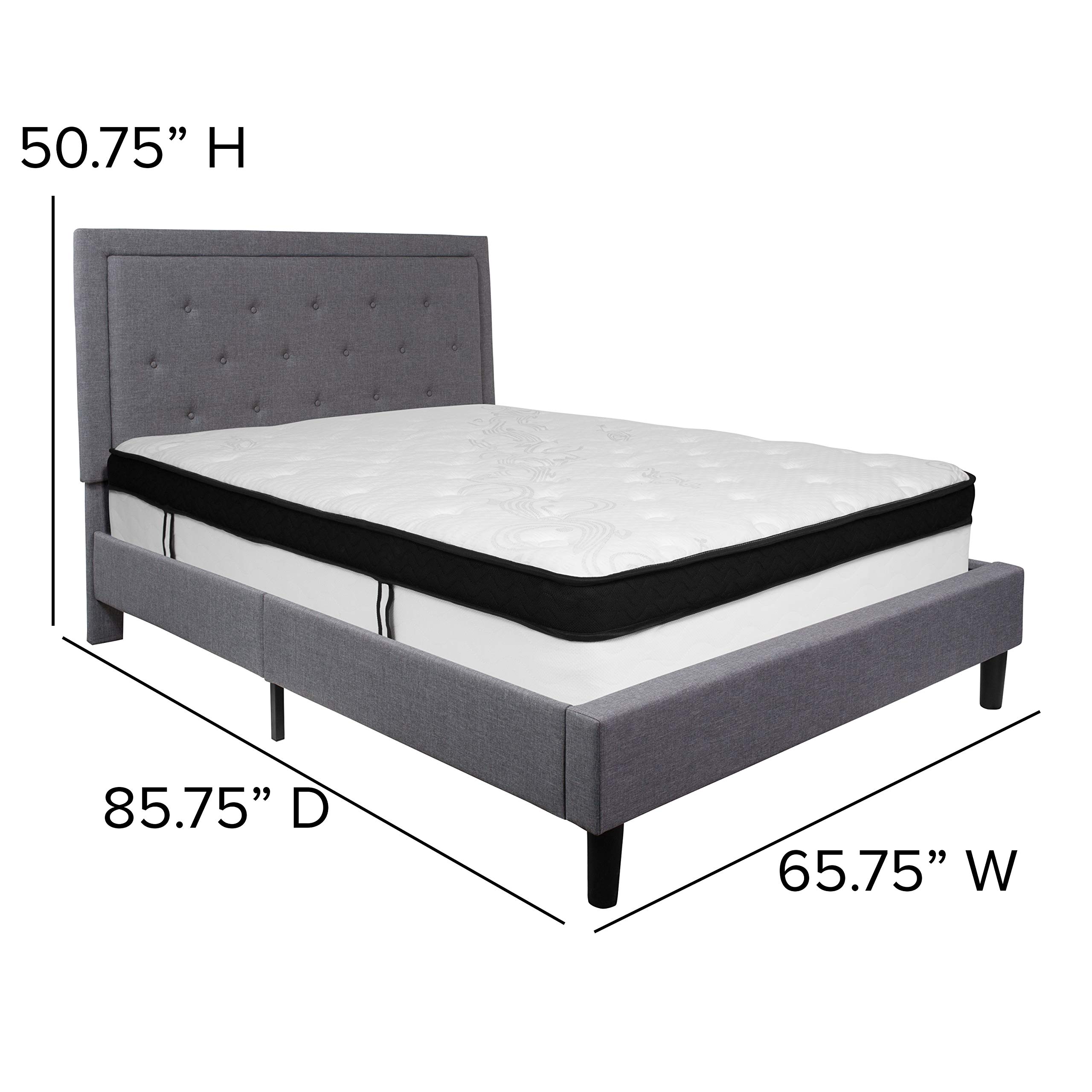EMMA + OLIVER Queen Size Upholstered Panel Tufted Platform Bed with Memory Foam Mattress - Light Gray Fabric Bedroom Set for Modern Master Bedroom Decor