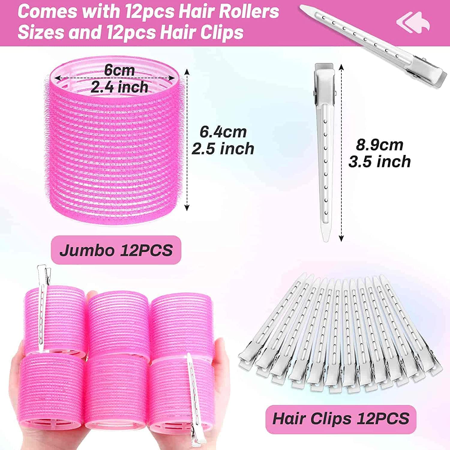6Pcs Jumbo Self-Grip Hair Rollers Set with Stainless Steel Duckbill Clips - Soft Sponge Curlers for Long & Medium Hair - Perfect for Women & Girls Salon Styling at Home or Professional Use
