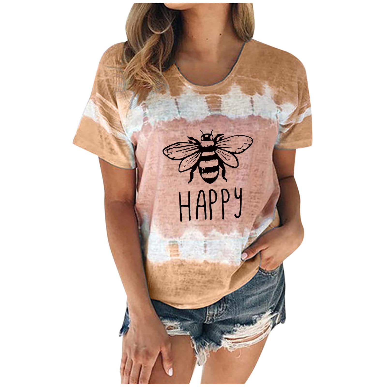 Trendy Women's Tie Dye Happy Bee Tunic Top - Short Sleeve Crewneck Summer T-Shirt & Sweatshirt for Casual Wear, Yoga, and Leggings Outfits
