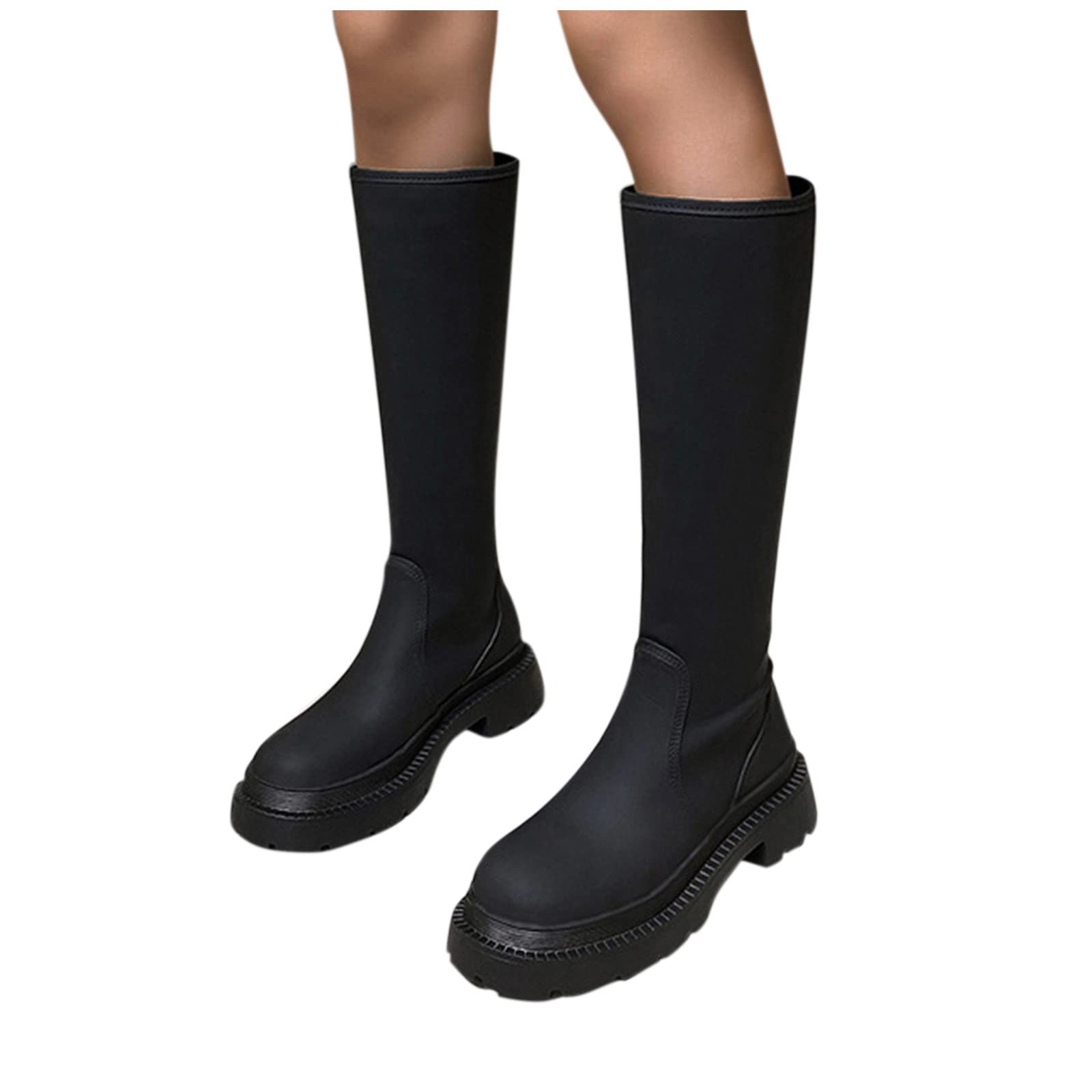 Women's Knee High Wide Calf Leather Boots - Winter Warm Platform Heels with Round Toe | Fashionable Chunky Heel Shoes for Casual Wear, Office & Winter Outfits
