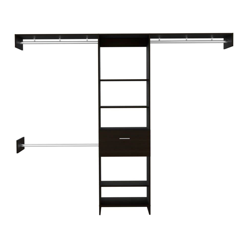 Brisk Closet System with 1 Drawer, 3 Metal Rods & 5 Open Shelves - Black | Space-Saving Storage Solution for Bedroom, Closet & Office Organization