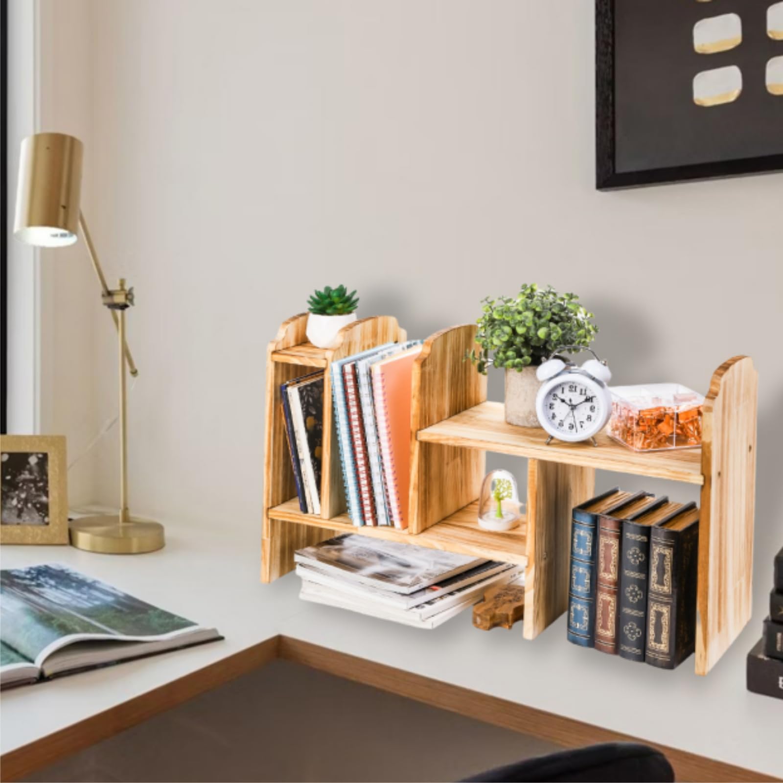 Adjustable Wooden Desktop Storage Organizer - 7 Compartment Expandable Bookshelf Hutch for Office Desk, Home & Workspace Organization | Perfect for Storing Books, Files, Office Supplies & Decorative Items